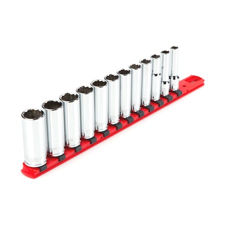 Tekton 3/8 Inch Drive Deep 12-Point Socket Set with Rail, 12-Piece (8-19 mm) SHD91108